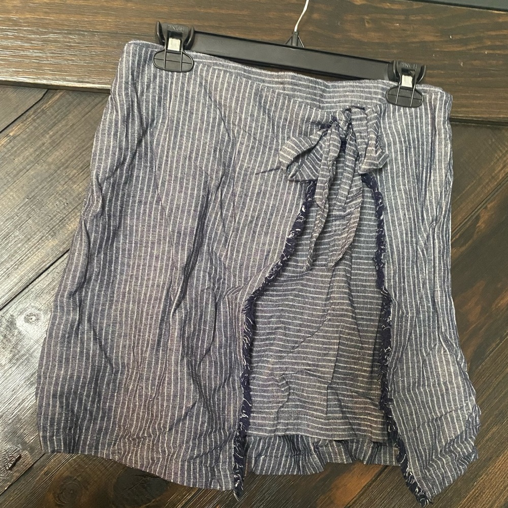 Blue & white stripe mini wrap skirt, size S.